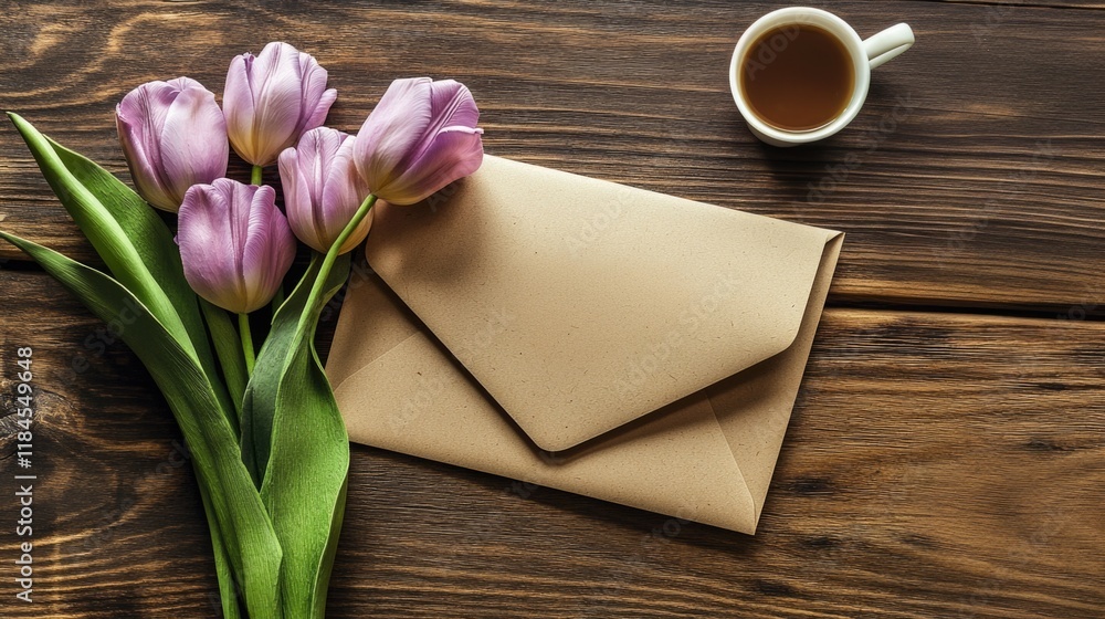 Purple tulips with envelope and coffee cup on wooden table. The 14th of February. Happy Valentine's Day Purple tulips with envelope and coffee cup on wooden table. The 14th of February. Happy Valentine's Day