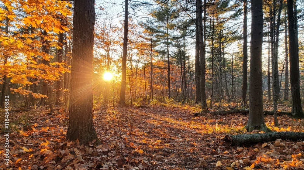 Fototapeta premium Vibrant Autumn Foliage Illuminated by Warm Sunlight in Serene Forest Landscape