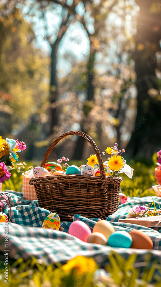 Colorful Easter eggs arranged in a basket on a sunny day in a vibrant outdoor setting Colorful Easter eggs arranged in a basket on a sunny day in a vibrant outdoor setting