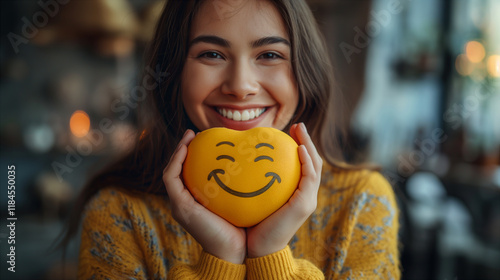 Smiling woman holds a yellow smiley face cookie in a cozy cafe setting. Generative AI