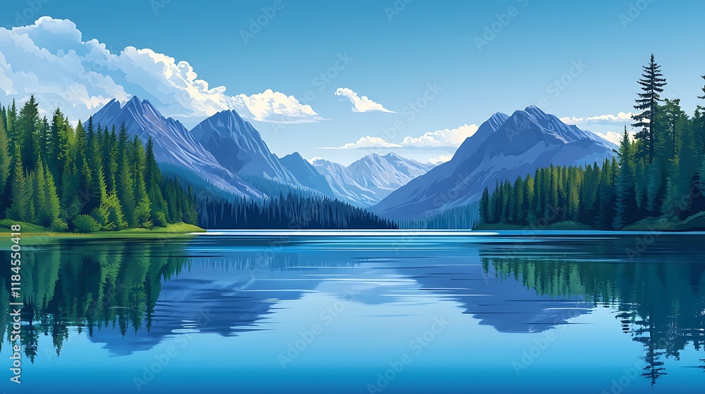 Serene mountain lake reflection with forest