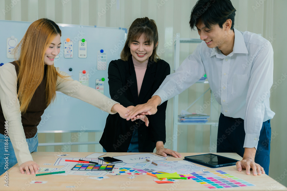 Fototapeta premium Application development UI UX web designer team is working together to develop a mobile responsive website with UI UX front end designer examples,