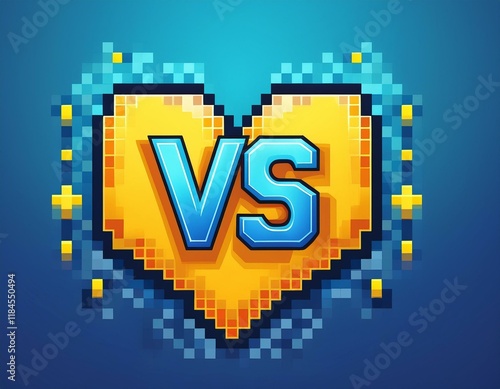 pixel art style vs versus symbol in yellow on blue background ideal for game interfaces competition graphics matchups and retro gaming themes photo