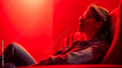 Girl in cinema chair enjoys movie. Cinema concept background. Generative AI