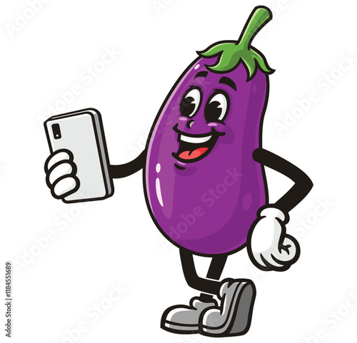 Eggplant with Gadget,        Cartoon Character Mascot Illustration Vector Clip-art Hand-drawn Logo Design