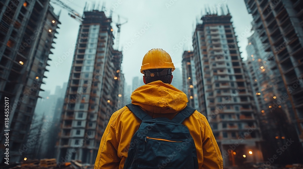 Construction worker in yellow raincoat and helmet looking at new buildings. Construction worker in yellow raincoat and helmet looking at new buildings.