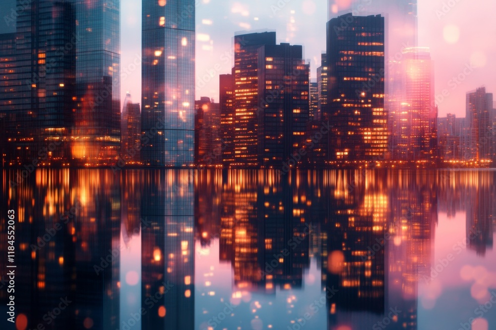 Obraz premium A sunset view of an urban skyline, with glowing windows reflecting hues of orange and purple against the sky