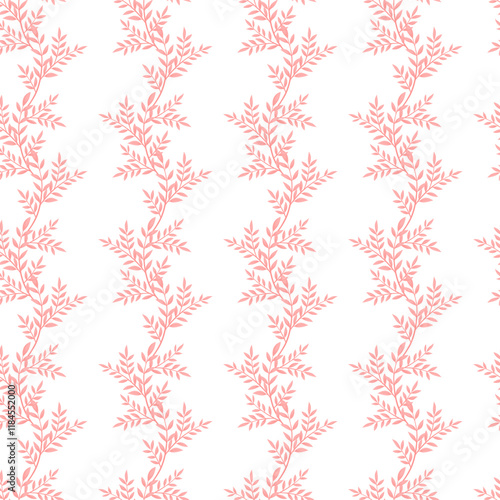 Seamless pattern of pink twigs with leaves on white background for textile fabric, printing, wallpaper, clothes, packaging. Seamless vector pattern with pink foliage