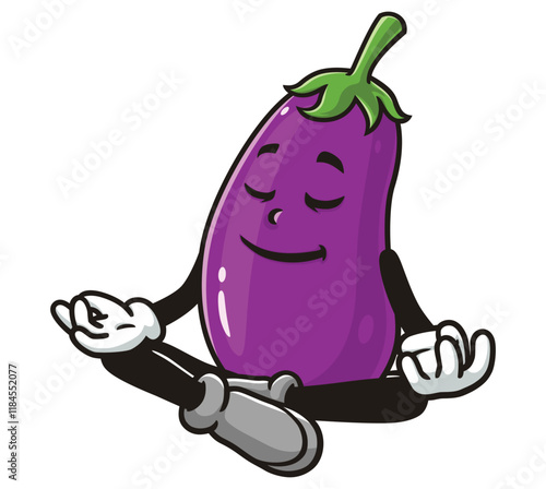 Meditating Eggplant Cartoon Character Mascot Illustration Vector Clip-art Hand-drawn Logo Design