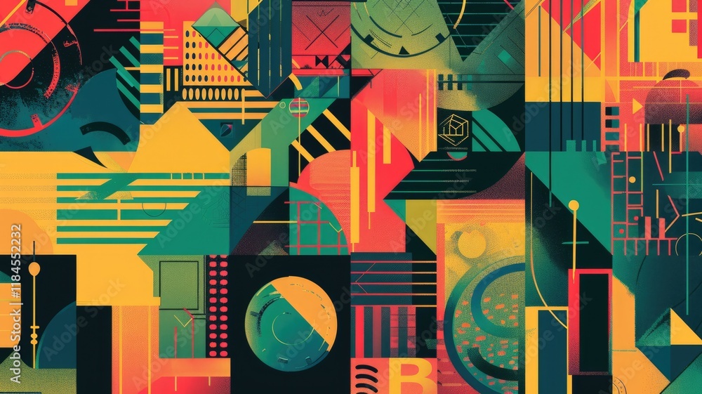 This vibrant abstract geometric artwork features a dynamic composition of shapes and colors, perfect for creative projects, backgrounds, or design inspiration. This vibrant abstract geometric artwork features a dynamic composition of shapes and colors, perfect for creative projects, backgrounds, or design inspiration.