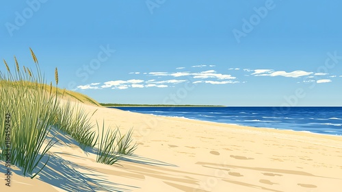 Sandy beach dunes, ocean view, sunny day