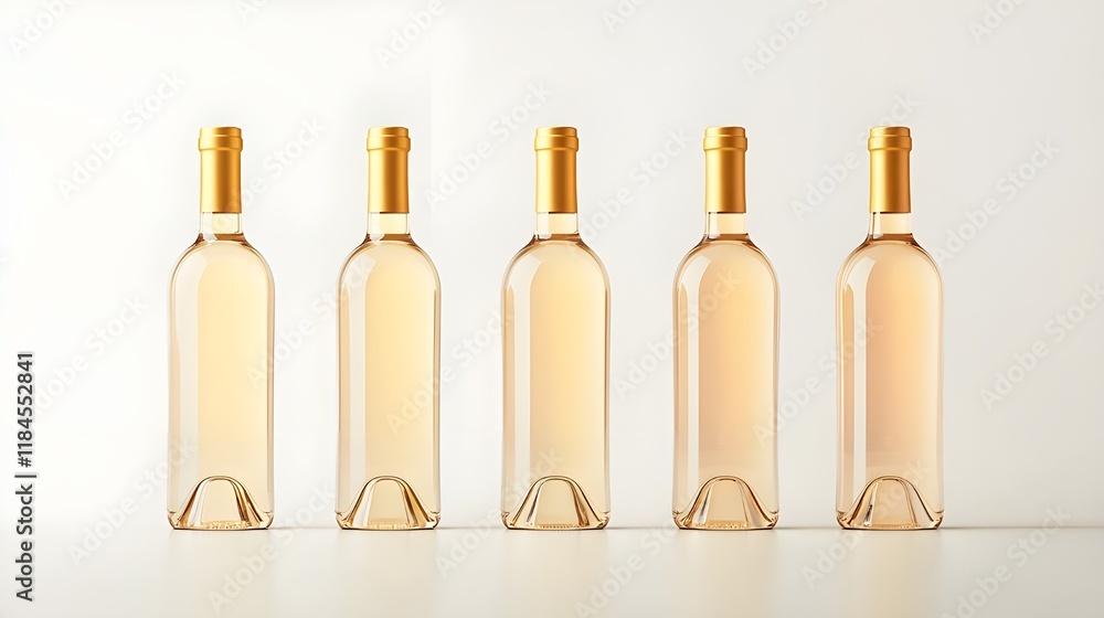 Wine bottles, rosé wine, clear glass, golden labels, white background, minimalist arrangement, symmetrical composition, product photography, soft lighting, pale pink liquid, elegant presentation Wine bottles, rosé wine, clear glass, golden labels, white background, minimalist arrangement, symmetrical composition, product photography, soft lighting, pale pink liquid, elegant presentation