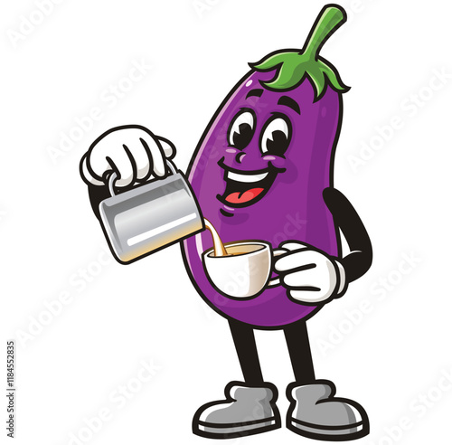 Eggplant as Barista,      Cartoon Character Mascot Illustration Vector Clip-art Hand-drawn Logo Design