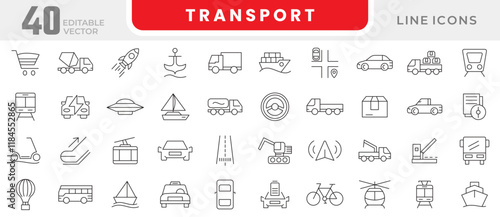 Transport line icon set. bus, car, truck, taxi, train, tram, bicycle, motorbike, scooter, transportation, vehicle, electric car line icon set. UI thin line icon pack.