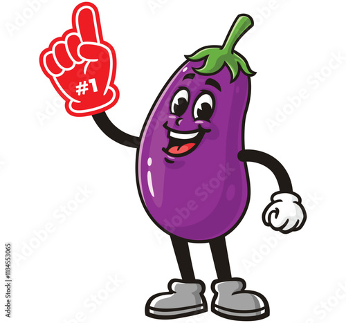 Eggplant with Foam finger,      Cartoon Character Mascot Illustration Vector Clip-art Hand-drawn Logo Design