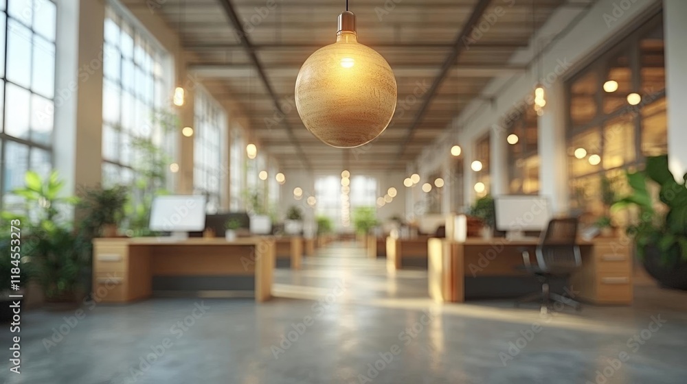 Fototapeta premium Modern Industrial Office Interior with Sunlight Streaming Through Large Windows and Unique Pendant Lighting