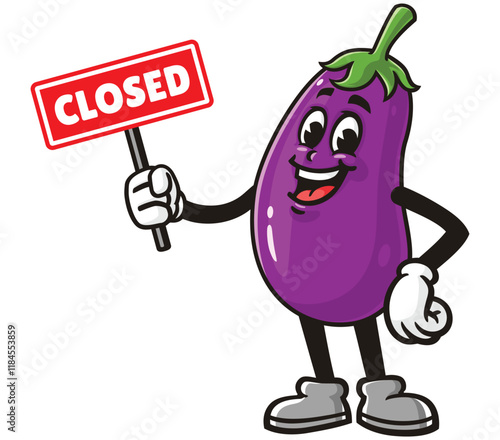 Eggplant with closed sign,       Cartoon Character Mascot Illustration Vector Clip-art Hand-drawn Logo Design