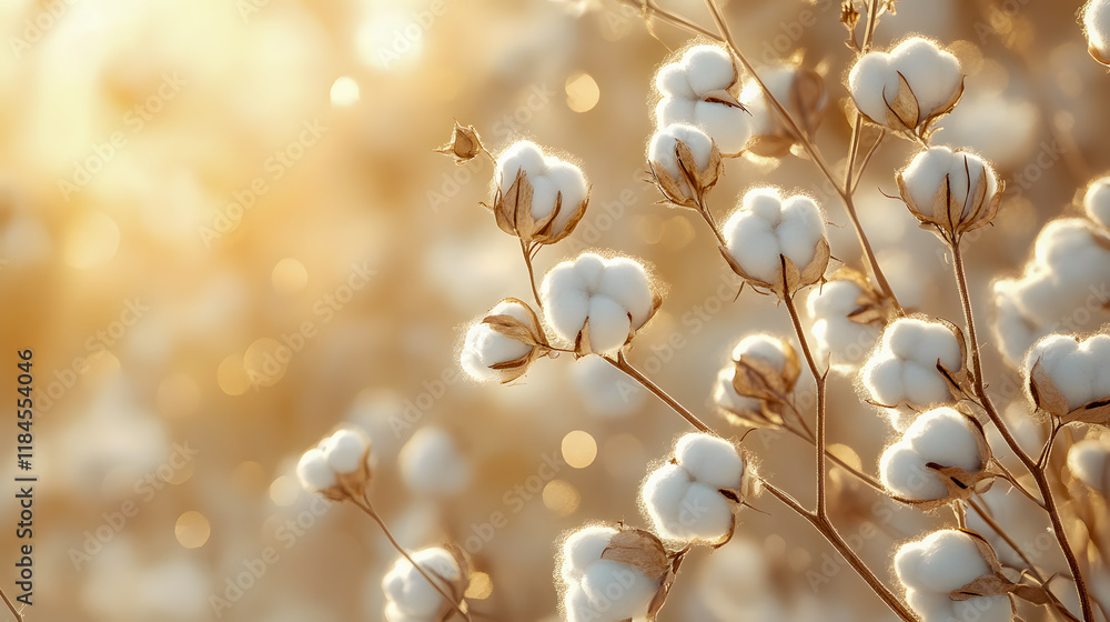 Sunlit cotton branches with fluffy white buds in golden glow. Sunlit cotton branches with fluffy white buds in golden glow.