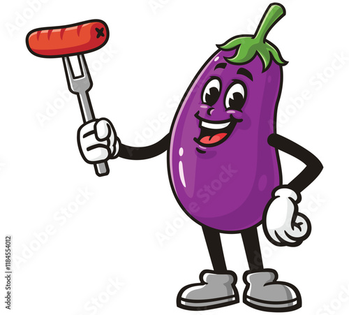 Eggplant with Sausage,      Cartoon Character Mascot Illustration Vector Clip-art Hand-drawn Logo Design