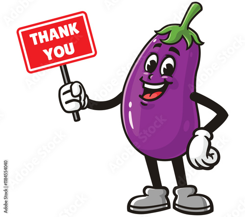 Eggplant with thank you sign,      Cartoon Character Mascot Illustration Vector Clip-art Hand-drawn Logo Design