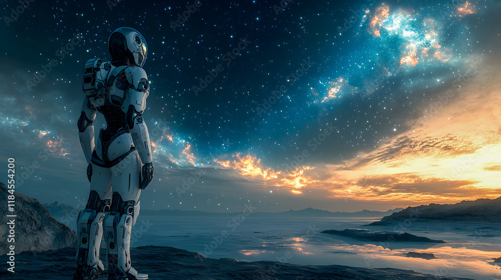 Futuristic robot standing by a tranquil alien lake under a starry sky at sunset. Futuristic robot standing by a tranquil alien lake under a starry sky at sunset.