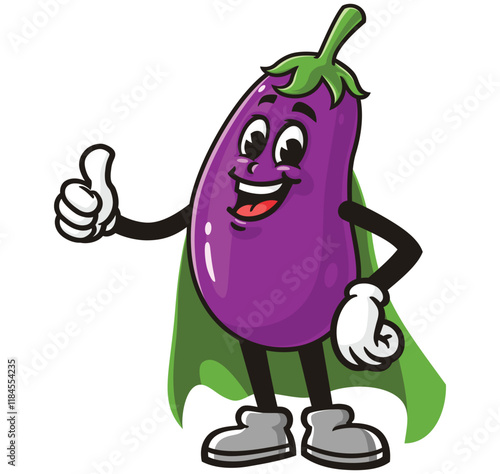 Eggplant with caped superhero style,       Cartoon Character Mascot Illustration Vector Clip-art Hand-drawn Logo Design