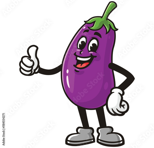 Eggplant with thumb up pose,        Cartoon Character Mascot Illustration Vector Clip-art Hand-drawn Logo Design