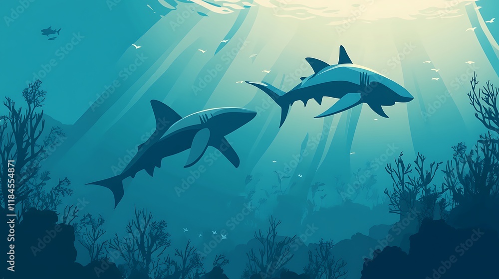 Obraz premium Sharks swim over coral reef in blue ocean