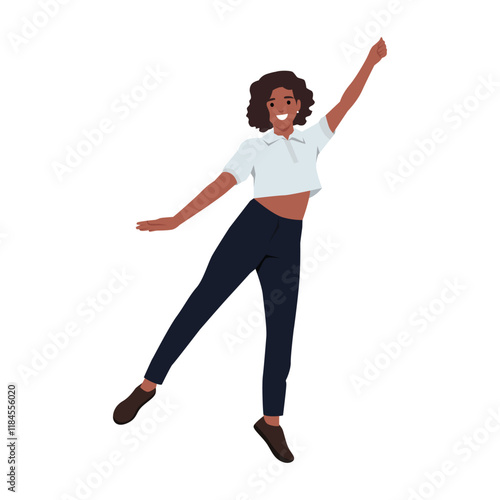 Happy woman jumping up and celebrating her success and victory. Flat vector illustration isolated on white background