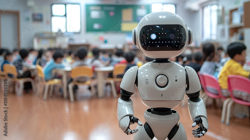 custom made wallpaper toronto digitalRobot standing in elementary or primary kindergarten school classroom full of toddler preschool boys and girls. kids or children education, ai artificial intelligence teacher, futuristic technology.