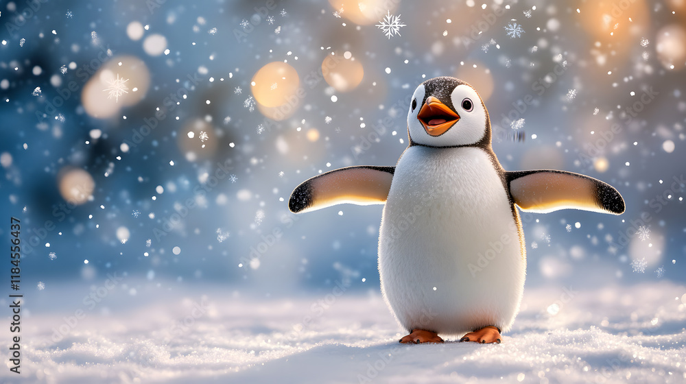 adorable penguin standing on snow under falling snowflakes, spreading its wings with a joyful expression in a magical winter setting. adorable penguin standing on snow under falling snowflakes, spreading its wings with a joyful expression in a magical winter setting.