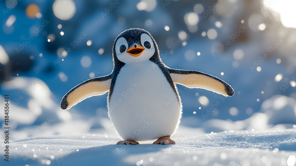 Fototapeta premium cute penguin spreading its wings while standing on sparkling snow under soft sunlight, surrounded by falling snowflakes in a winter wonderland.