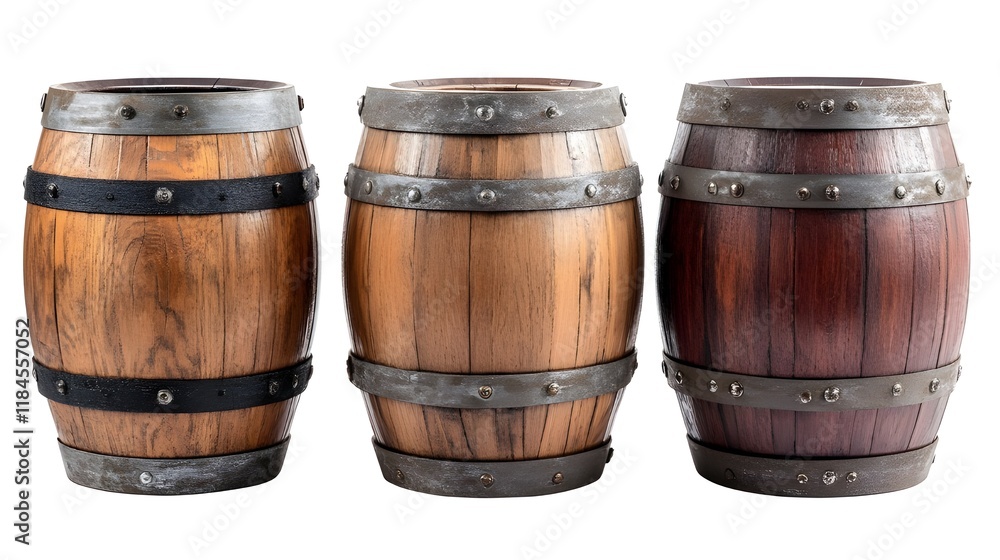 wooden barrels, wine casks, rustic, detailed wood grain, metal hoops, varying wood tones, old world craftsmanship, artisanal, vintage, cellar atmosphere, isolated on white background, product wooden barrels, wine casks, rustic, detailed wood grain, metal hoops, varying wood tones, old world craftsmanship, artisanal, vintage, cellar atmosphere, isolated on white background, product