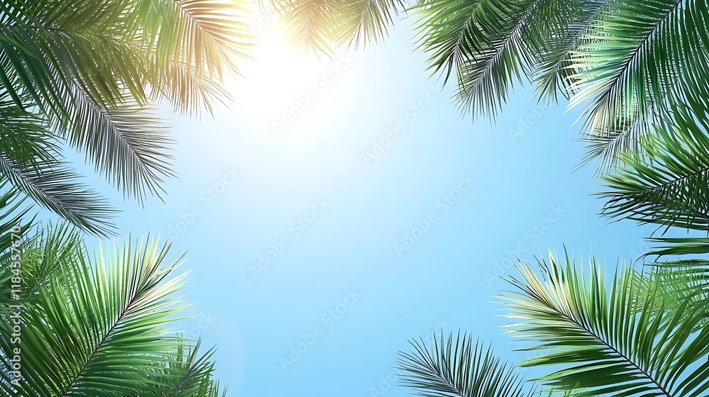 Palm trees frame sunny blue sky, ideal for travel backgrounds Palm trees frame sunny blue sky, ideal for travel backgrounds