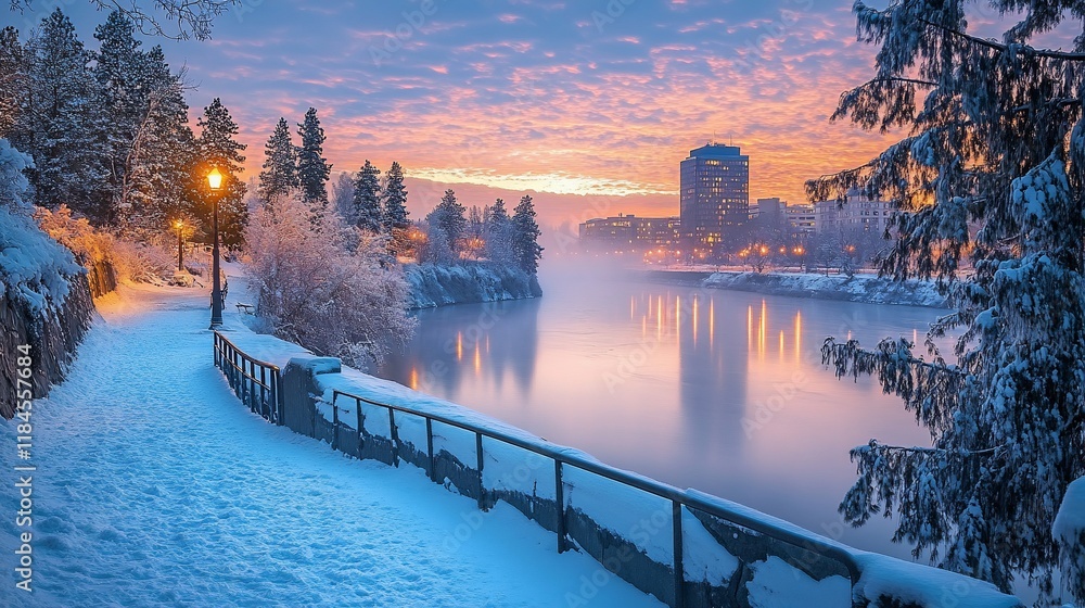 Fototapeta premium Winter sunrise over a river with snow-covered trees and buildings. Pathway and railing in the foreground.