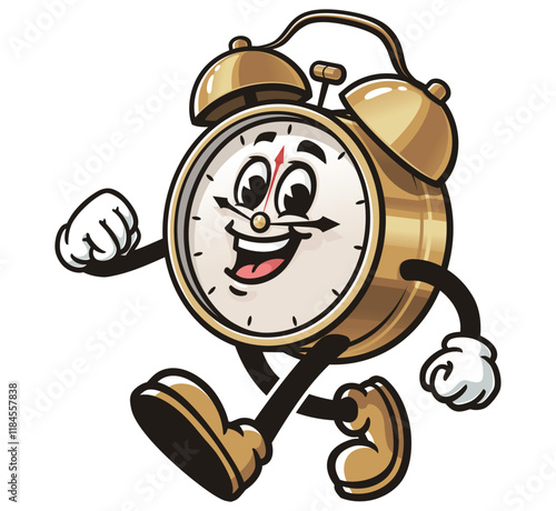 Walking Alarm Clock Cartoon Character Mascot Illustration Vector Clip-art Hand-drawn Logo Design