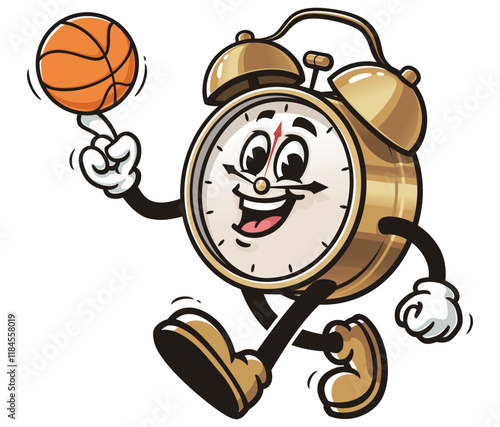 Alarm Clock playing Basketball,      Cartoon Character Mascot Illustration Vector Clip-art Hand-drawn Logo Design