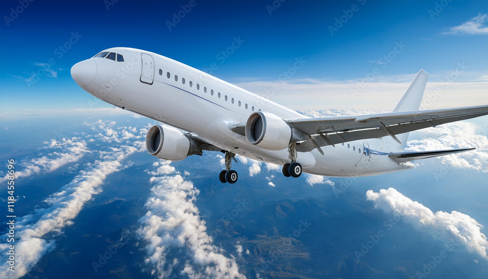 Fototapeta premium Un avion de pasajeros volando entre nubes y un cielo azul