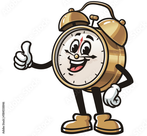 Alarm Clock with thumb up pose,   Cartoon Character Mascot Illustration Vector Clip-art Hand-drawn Logo Design