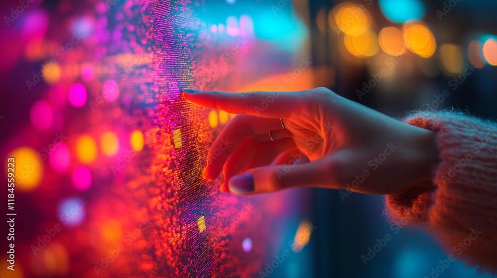 A Hand Interacting with a Vibrant Digital Interface A Hand Interacting with a Vibrant Digital Interface