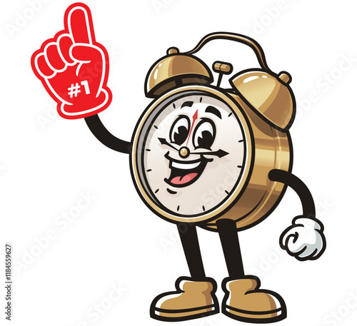 Alarm Clock with Foam finger,      Cartoon Character Mascot Illustration Vector Clip-art Hand-drawn Logo Design