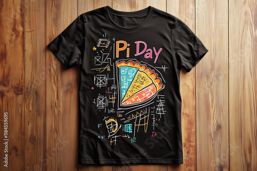 Vibrant graphic illustration on a black t-shirt featuring a colorful pie slice and 