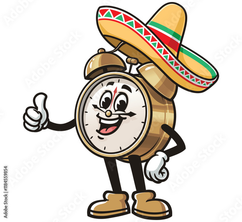 Alarm Clock with Sombrero,     Cartoon Character Mascot Illustration Vector Clip-art Hand-drawn Logo Design