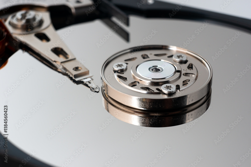 Close-up of the mechanism and assembly of a computer hard drive