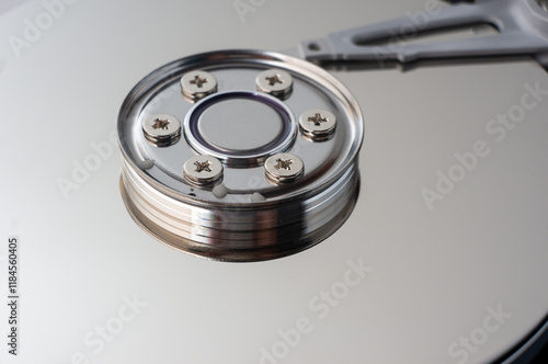 Close-up of the mechanism and assembly of a computer hard drive