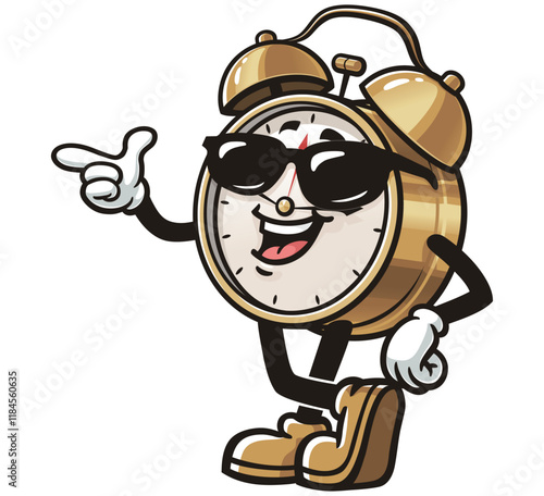 Alarm Clock with sunglasses,     Cartoon Character Mascot Illustration Vector Clip-art Hand-drawn Logo Design