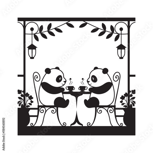 Cute pandas having tea black and white illustration  silhouette style  two pandas sitting at a table 