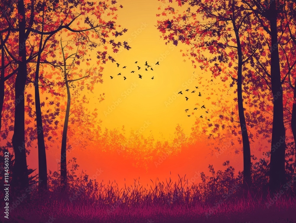 Autumnal Forest Silhouette Against Vibrant Sunset Sky Autumnal Forest Silhouette Against Vibrant Sunset Sky