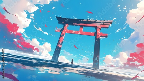 Obraz na płótnie Vibrant torii gate in anime style, windswept scene with dynamic pink accents, evoking tranquility w salonie