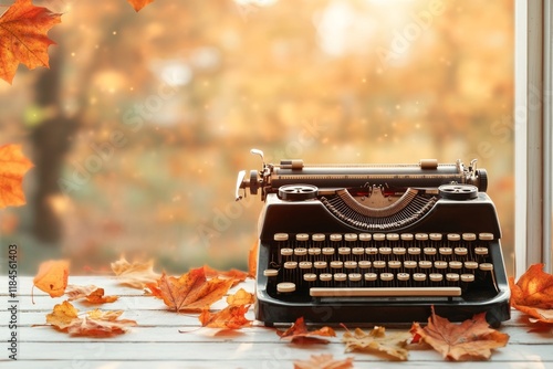 A typewriter sitting on a porch table surrounded by autumn leaves and warm sunlight